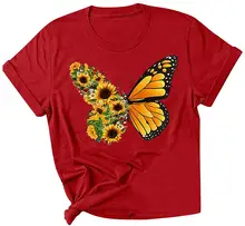 Футболка женская с принтом подсолнуха и бабочки летняя дышащая