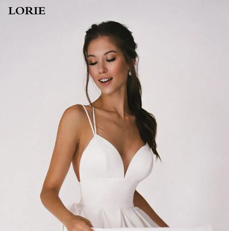 LORIE Slik Satin A Line Wedding Dresses Beach Spaghetti Straps V Neck Bride Gowns 2021 Abito Da Sposa Backless Wedding Gowns
