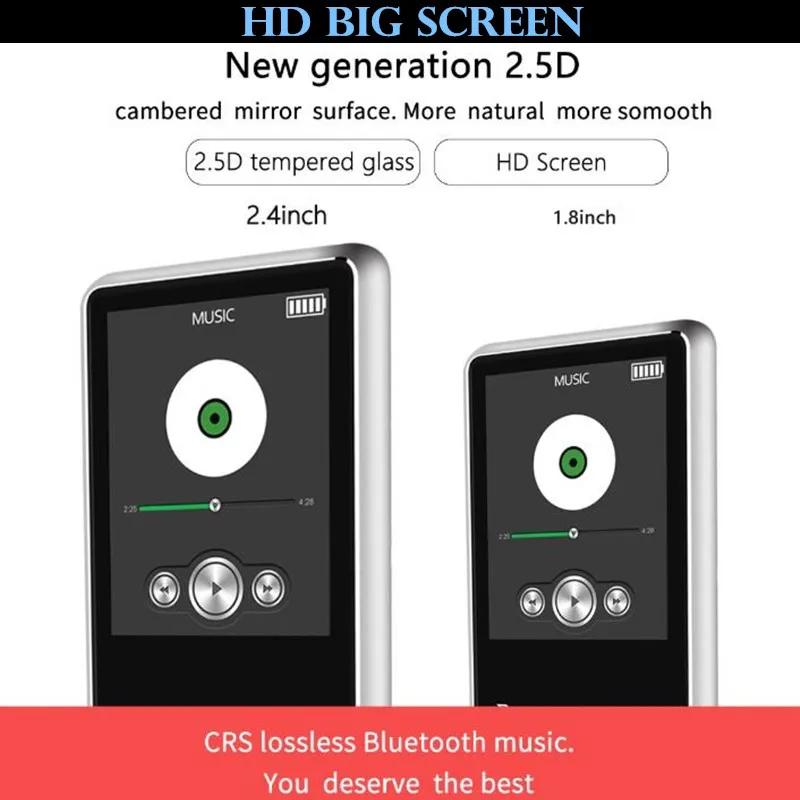 2.4" Wireless HiFi HD MP3 MP4 Player,Stereo Bass Mic Earphone,Fast Charge Cable,Speaker FM Record&TF Slot+32GB TF Card