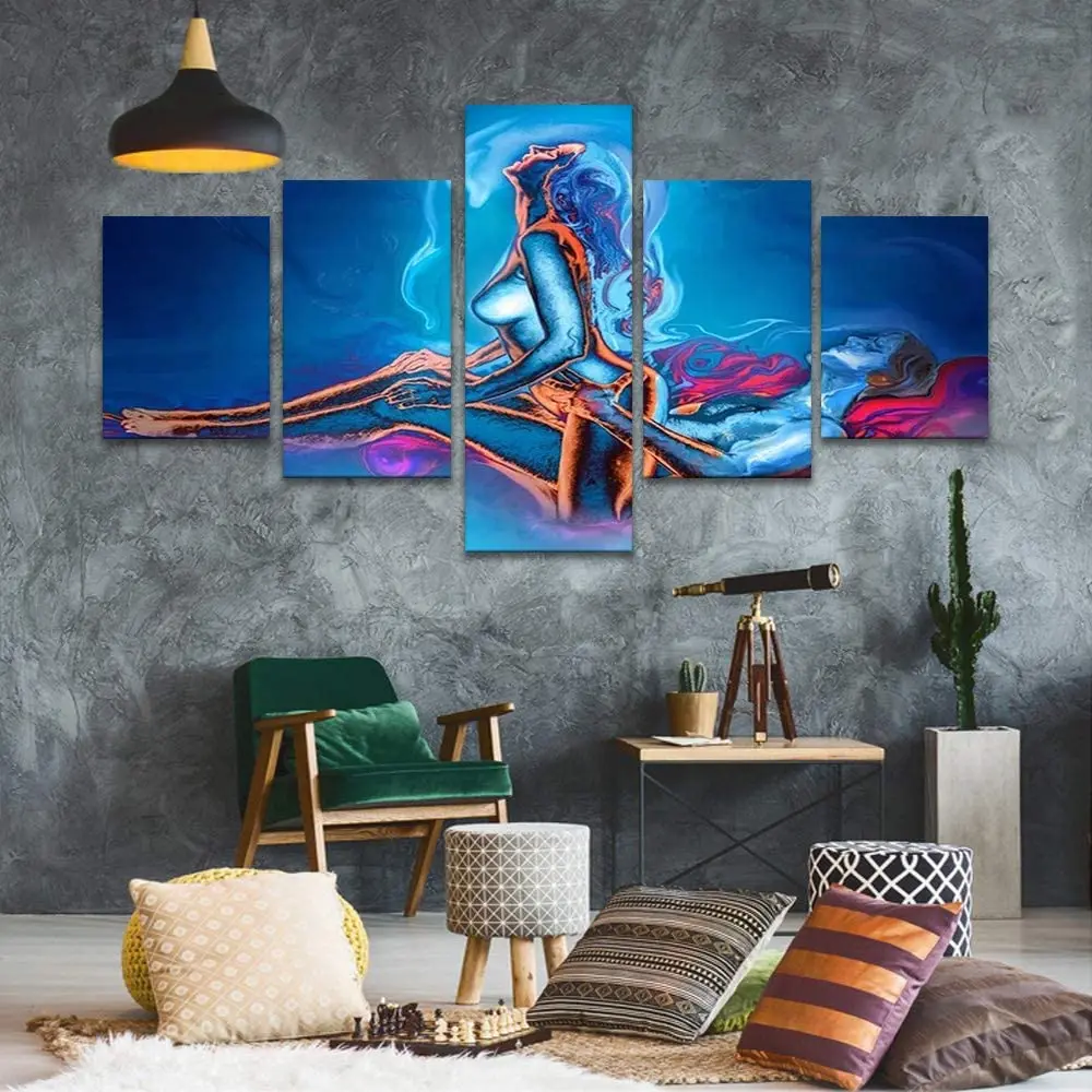 Pinturas de parede para sala de estar moderno feminino espadachim pôster 5  peças pinturas em tela