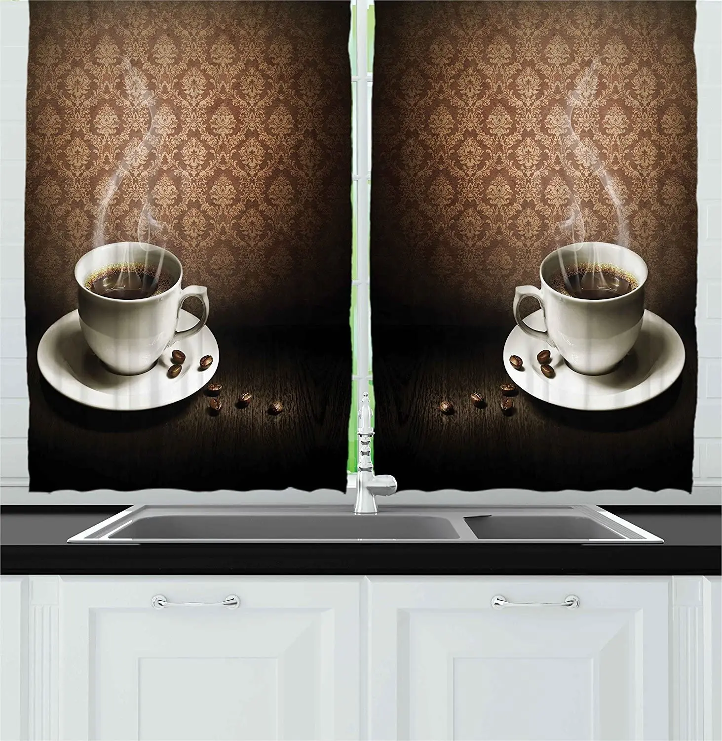 Coffee Kitchen Curtains Cup Of Hot Coffee On Wooden Table Damask Pattern On Wall Romantic Vintage Artwork Window Curtain Curtains Aliexpress