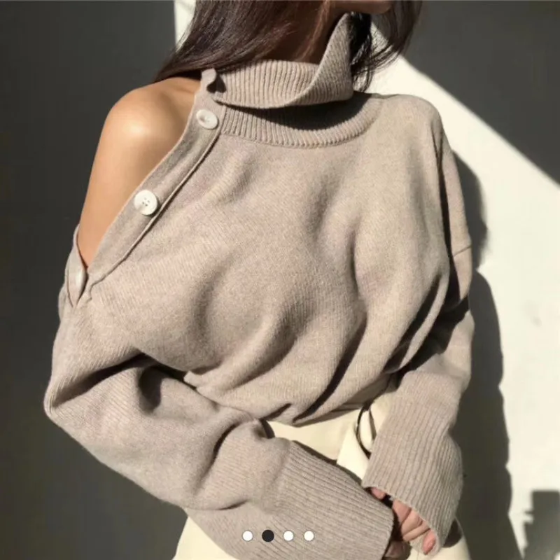 

New 2020 Spring Elegant Women Sweaters Sexy Strapless Turtleneck Loose Knitted Pullovers Female Casual Solid Tops Outwear