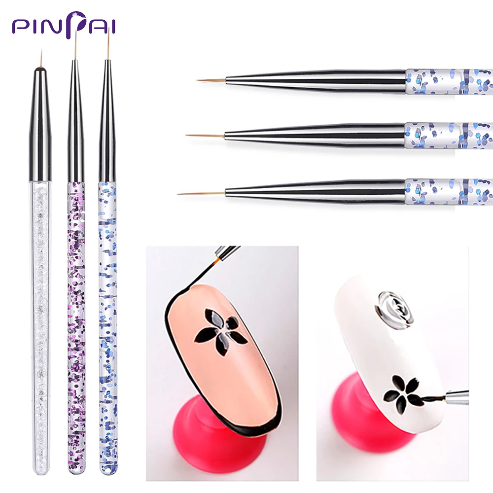 Pinpai 3 шт./компл. кисть для ногтей, кристаллый акриловый тонкая ручка-лайнер для рисования УФ-гель для ногтей картина в полоску и в цветочек, инструменты для маникюра