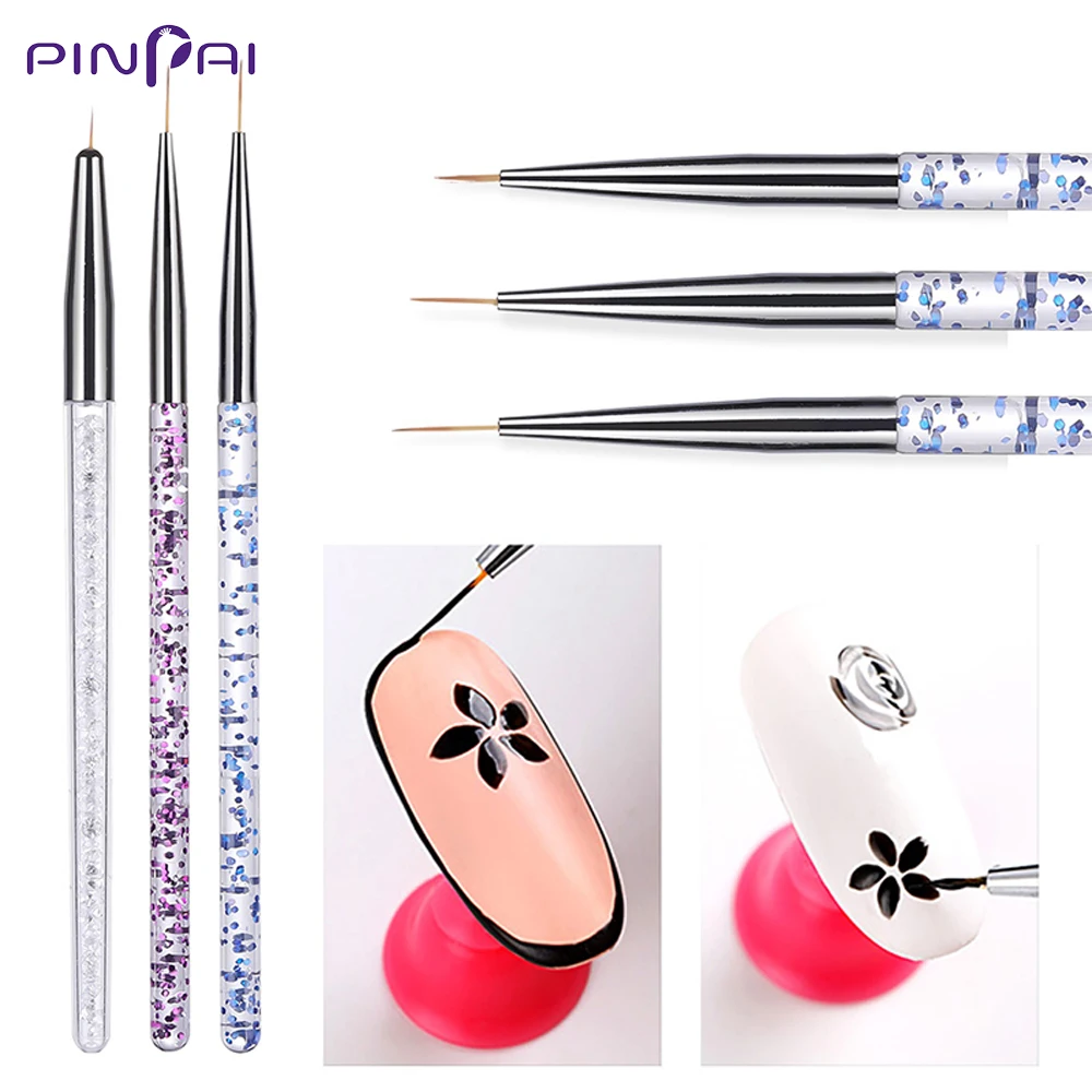

Pinpai 3 Pcs/Set Nail Art Brush Crystal Acrylic Thin Liner Drawing Pen UV Nail Gel Polish Painting Stripes Flower Manicure Tools