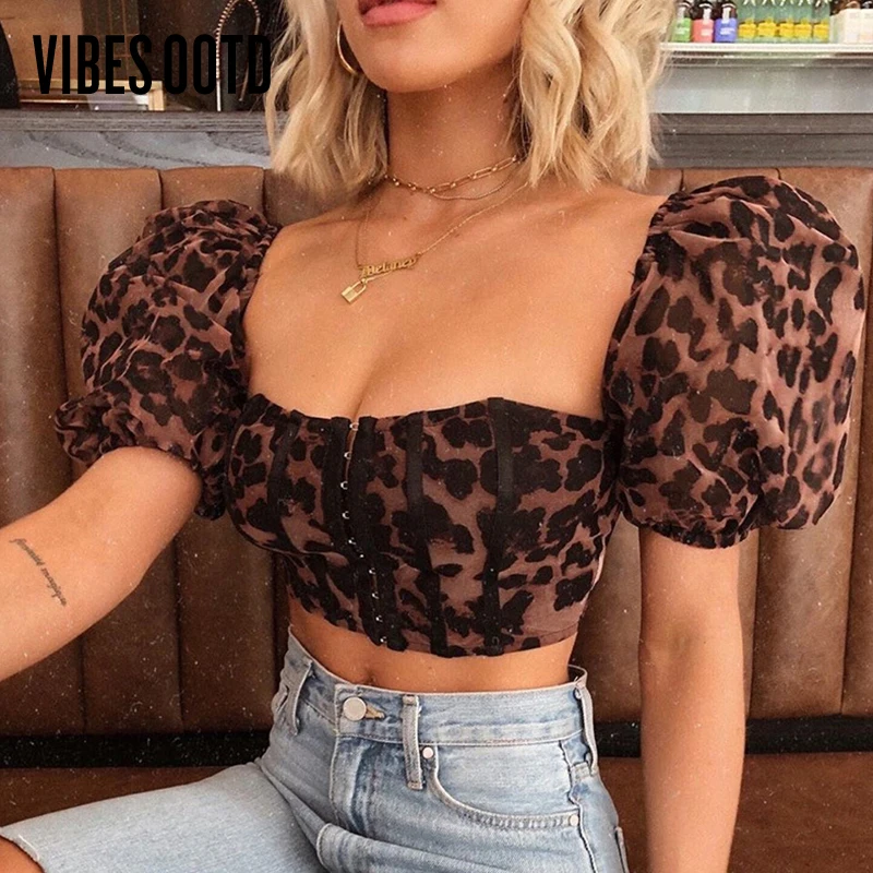 

VIBESOOTD Bubble Sleeve Square Collar Leopard Top and Blouse Shirts Fashion Sexy Women's Blouses Shirt Elegant Tops Blusas