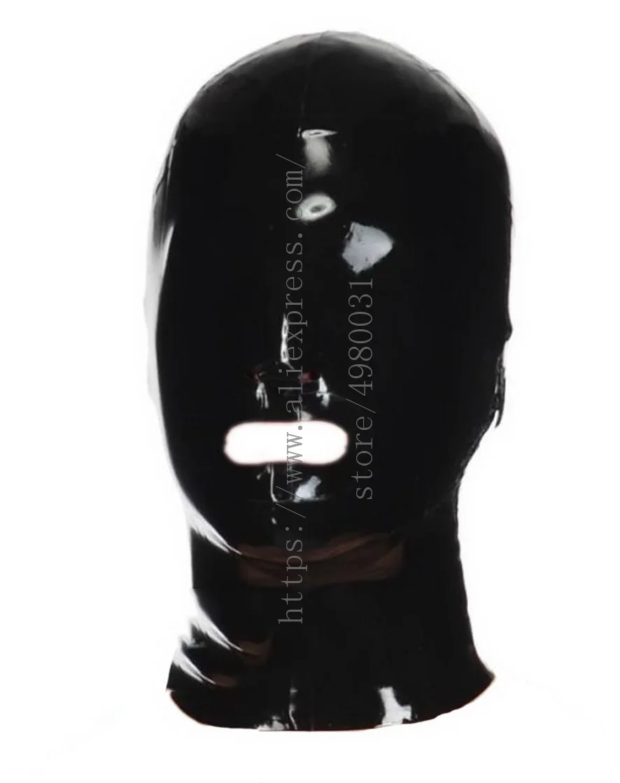 Back zipper& mesh eyes designs(open nostrils& mouth) adults's black latex bondage hood what is made of natural latex materials