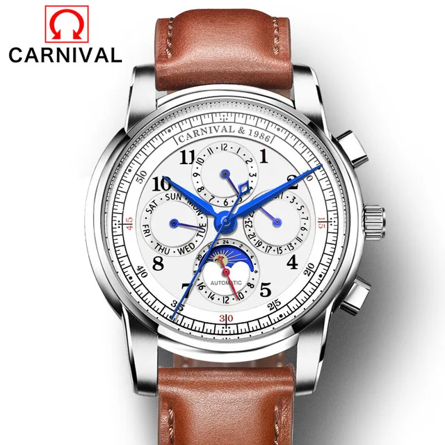 CARNIVAL Watch Men Automatic Mechanical Men Watches Top Brand Luxury Moon phase Mens Wristwatches Clock relogio masculino - Цвет: White Silver Brown