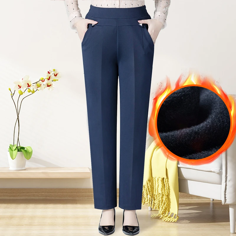Зимние теплые штаны размера плюс XL-6XL, весенние осенние женские одноцветные штаны с эластичной резинкой на талии, женские плотные флисовые свободные брюки - Цвет: Blue velvet