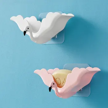 

Flamingo Design Soap Dish Keep Soap Dry Clean Bathroom Shower Soap Saver Tray Plastic Adhesive Drain Sponge Holder White