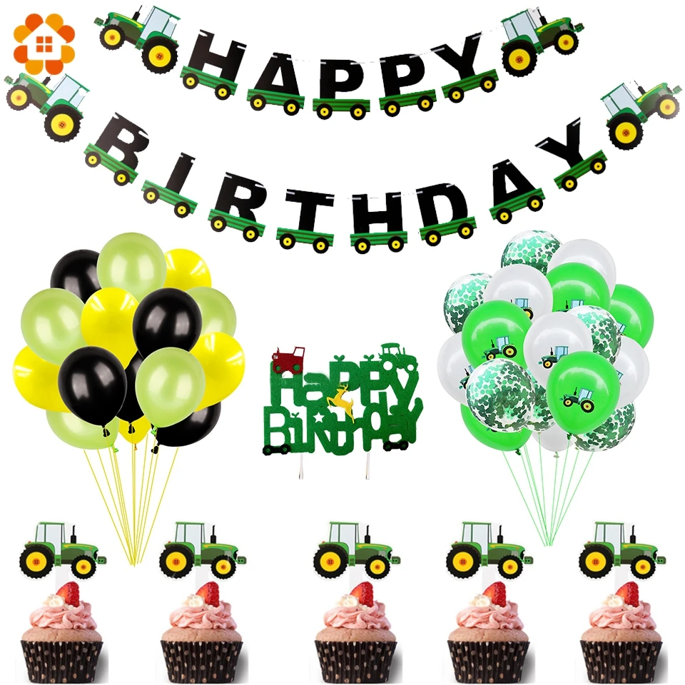 Set Decorazione Compleanno 1 Anno Tema Trattore: Banner, Palloncini E Topper Per Torta. Ideale Per Feste Bambini E Bambine Con Palloncino Numero 1 E Motivi Trattori.