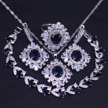 

Israel Hexagon Blue Stone White Crystal Silver Color Jewelry Set For Women Pendant Necklace Ring Earring Bracelet Suit