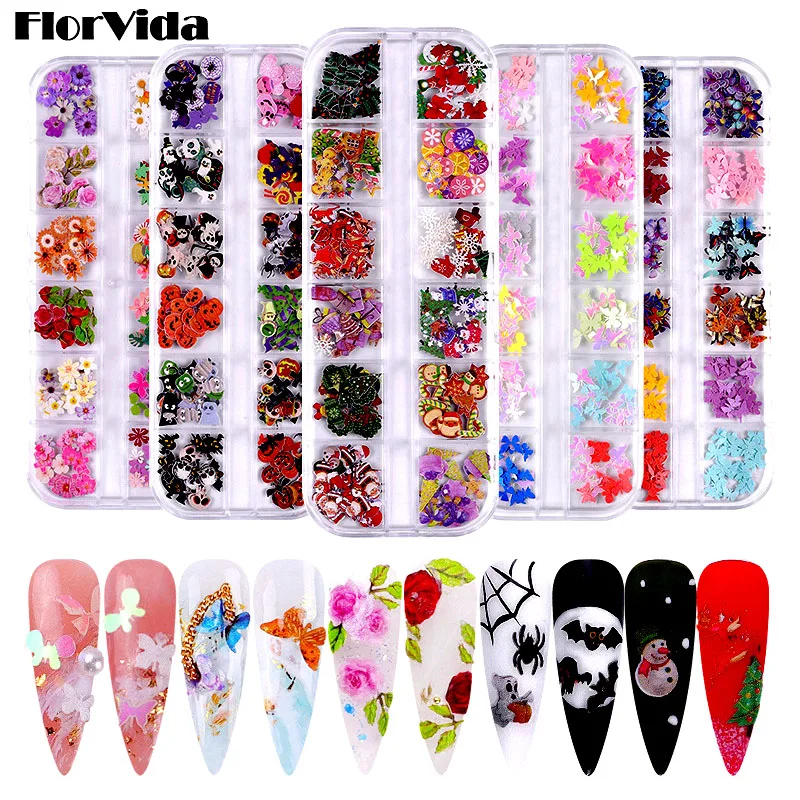 

FlorVida 12 Grids Boxed Nail Art 3D Decorations Set Mixed Metal Flakes For Manicure Halloween Design Christmas butterfly Sequins