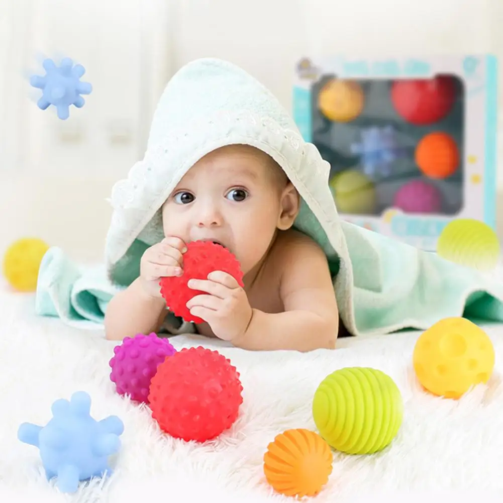 6Pcs Sensory Touch Multiple Textured Baby Balls with BB Sound Bath Education Toy Developmental Toy Texture Ball Various Shapes