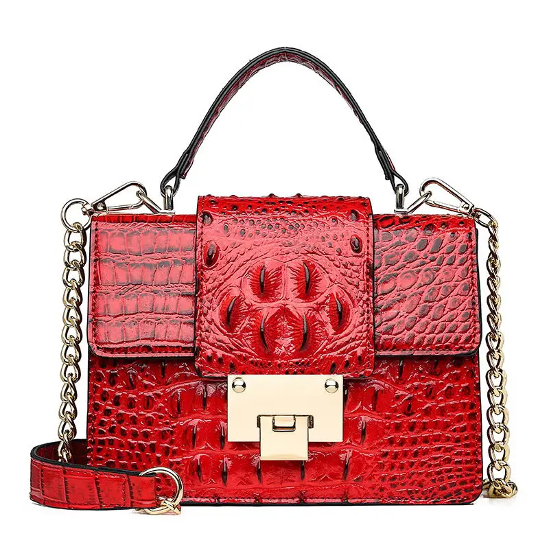 FUNMARDI маленькая сумка на плечо с замком и клапаном, дизайнерская женская сумка из крокодиловой кожи, сумка через плечо с ремешком на цепочке, женская сумка из искусственной кожи WLHB2009 - Цвет: Красный