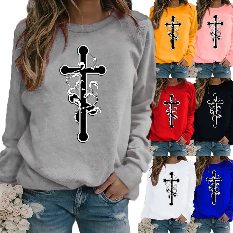 

Женские зимние модные повседневные рубашки с круглым вырезом и длинным рукавом с принтом и топы Свободная Женская футболка с графическим принтом блузка большого размера