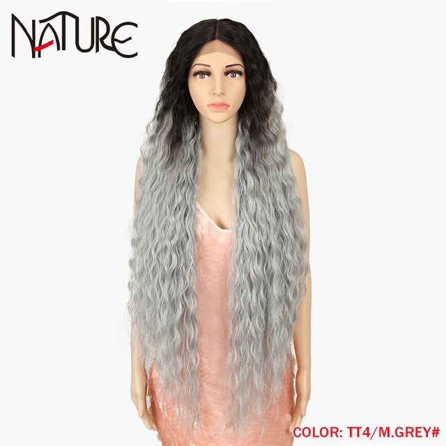 Nature Hair 38Inch Loose Wave Lace Wig Cosplay Ombre Blonde High Temperature Fiber Long Wavy Hair Synthetic Wigs For Black Women TT4-M.GREY