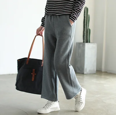Wide Leg Pants 2 Зимние женские брюки в стиле ретро с эластичной резинкой на талии, флисовые Теплые повседневные брюки, новинка, женские свободные трикотажные брюки универсальные - Цвет: Wide Leg Pants 2