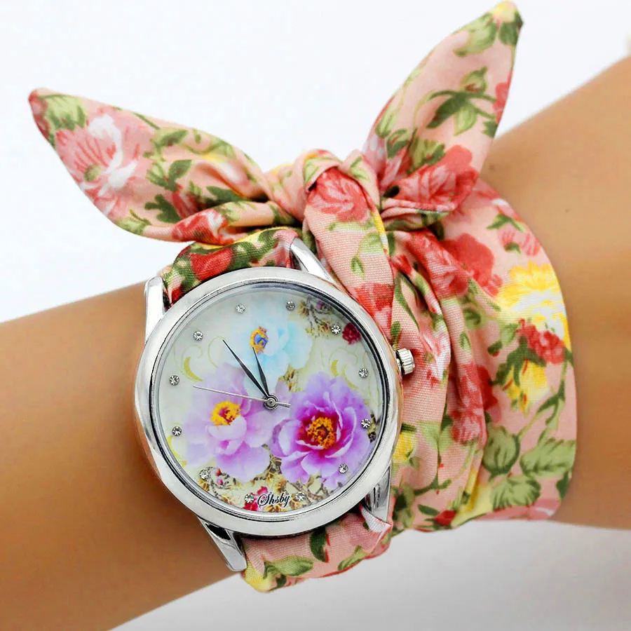 Shsby New Design Ladies Flower Cloth Wristwatch Fashion Women Dress Watch High Quality Fabric Clock Sweet Girls Bracelet Watch 2