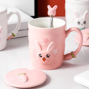 

Cute Personalised Coffee Mug Cartoon Large Capacity Ceramics Milk Cup with Spoon Lid Creative Espresso Cup Girl Gift Box DA60MKB
