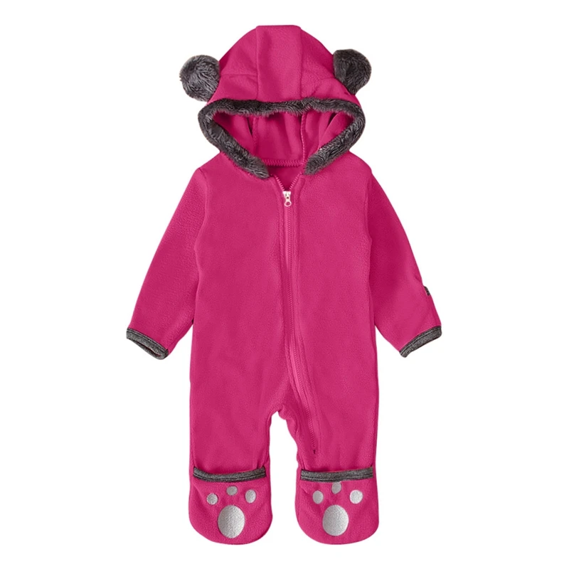 Hot Pink Зимний комбинезон с героями мультфильмов; комбинезон для маленьких девочек и мальчиков; однотонные комбинезоны с капюшоном и ушками из мультфильмов; флисовые комбинезоны с милыми рисунками животных - Цвет: Hot Pink
