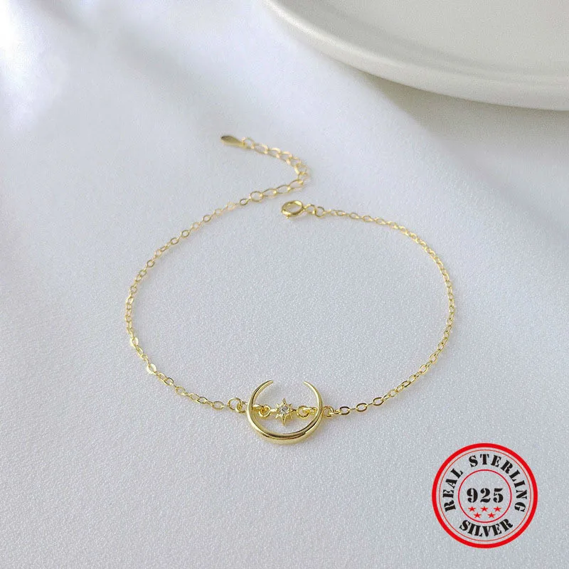 

925 Sterling Silver Crescent Bracelets Moon And Star Shape Adjustable Bracelets & Bangles Gold Color For Woman Jewelry
