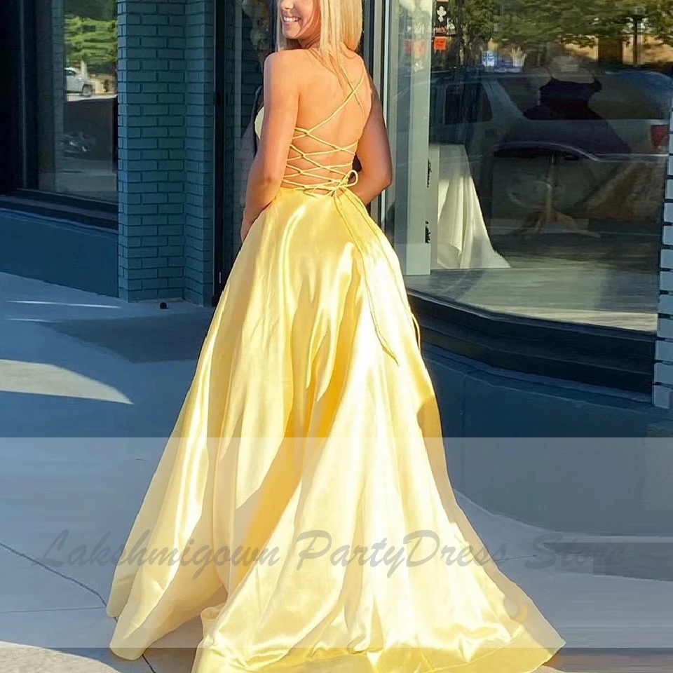 Vestidos, платье для выпускного вечера для девочек, официальное желтое вечернее платье с v-образным вырезом, открытая спина, сексуальное розовое атласное длинное вечернее платье с пакетами