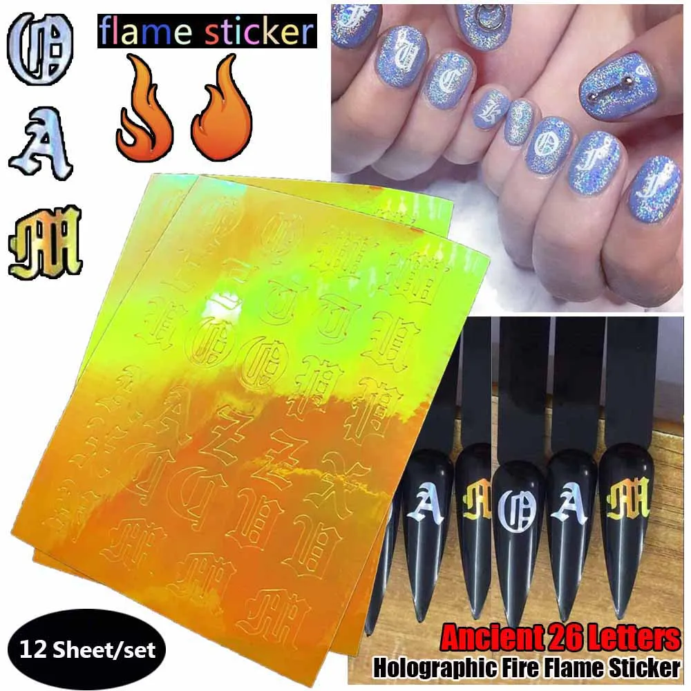 

12pcs/set Holographic Fire Flame Nail Stickers Ancient 26 Letters Manicure Adhesive Decals Nail Art Decor