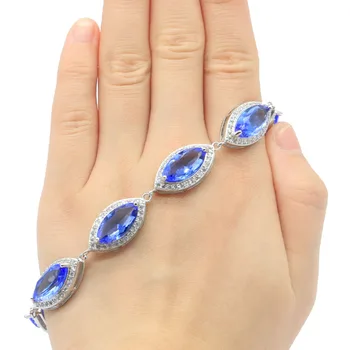 

22x12mm SheCrown Created Rich Blue Violet Tanzanite White CZ Woman's Gift Silver Bracelet 8.0-9.0in