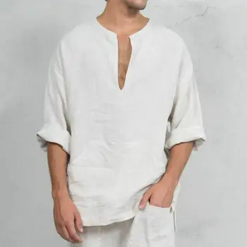 

Long Sleeve Mens Dress Shirts Linen Cotton V Neck Casual Loose Solid Shirts 2019 Autumn Plus Size Hiphop Male Clothes 3xl