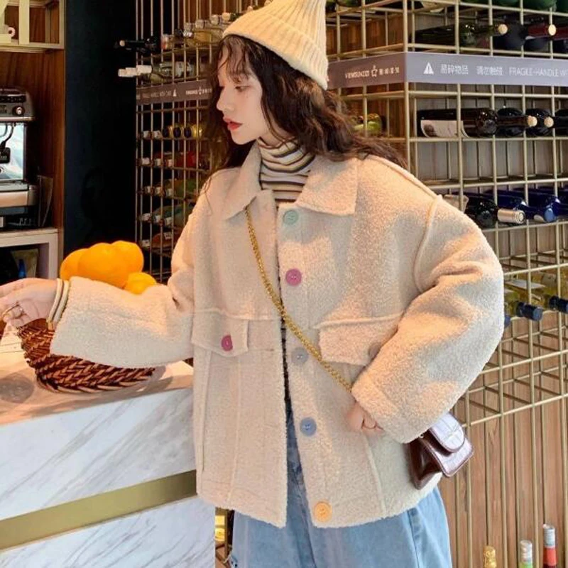 Winter New Korean Loose Women Coat Thick Preppy Style Imitation Lambswool Fashion Female Outwear