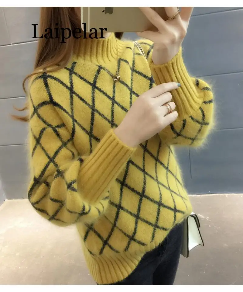 

Womens Casual Lantern Sleeve Turtleneck Plaid Knitted Oversize Pullover Sweater Loose Thick Jumper Tops Korean New Winter