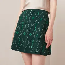 Tunjuefs, высокая талия, зеленая юбка с цветочной вышивкой, Женская Винтажная летняя трикотажная юбка