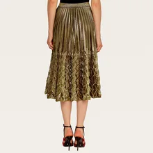 Женские юбки золотые до середины икры Повседневная одежда размера плюс элегантная юбка с высокой талией весна осень плиссированная