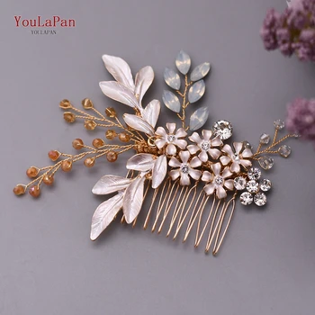 

TOPQUEEN HP310-G Wedding Headpieces Golden Wedding Hair Clip Milk Rhinestone Bridal Comb Alloy Flower Bridal Hair Pins