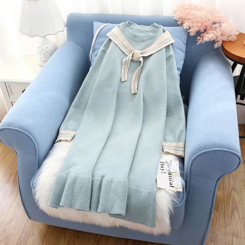

preppy style knitted women dresses solid bow neck loose ruffles knee-length female lady elegant dresses all match fashion tops