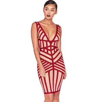 

Women's bandage dress summer red striped sleeveless backless deep v-neck sexy dress bodycon mini fashion party nightclub dress