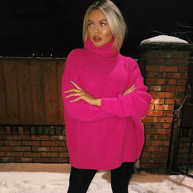 US $15.72 Simenual Knitwear Turtleneck Autumn Winter Sweaters Women Neon Color Long Sleeve Jumpers Fashion 20