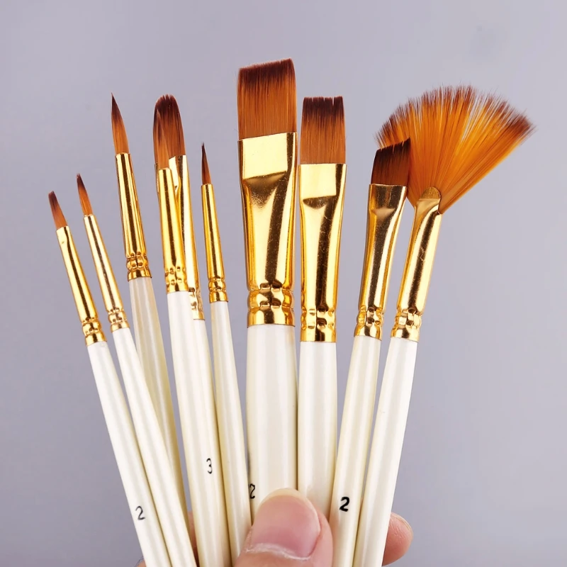 Juego de pinceles de nailon con mango de madera para pintura de acuarela, pintura al óleo acrílica, pintura arte pinceles, 10 Uds.