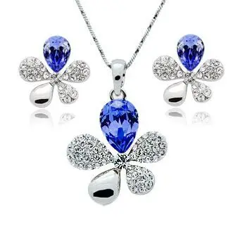 

925 sterling silver necklace earrings Austrian crystal, Fine jewelry ladies wedding set five-leaf flower blue heart S0156
