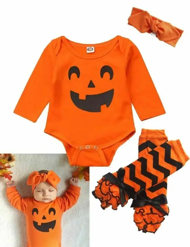 Baby 3PCS Halloween Clothes Winter Long Sleeve Romper Jumpsuit+Headband+Sock Outfit Infant Baby Girl Boy Costumes