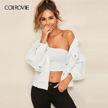COLROVIE белый необработанный край джинсовая куртка для женщин осень уличная Женская рваные Куртки Карманы детальная Повседневная однотонная верхняя одежда