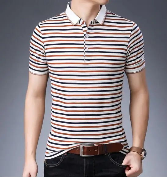 orange striped Горячая Мужская мода контрастные цвета полосатая рубашка поло хлопок рубашки поло для мужчин короткий рукав одежда - Цвет: orange striped
