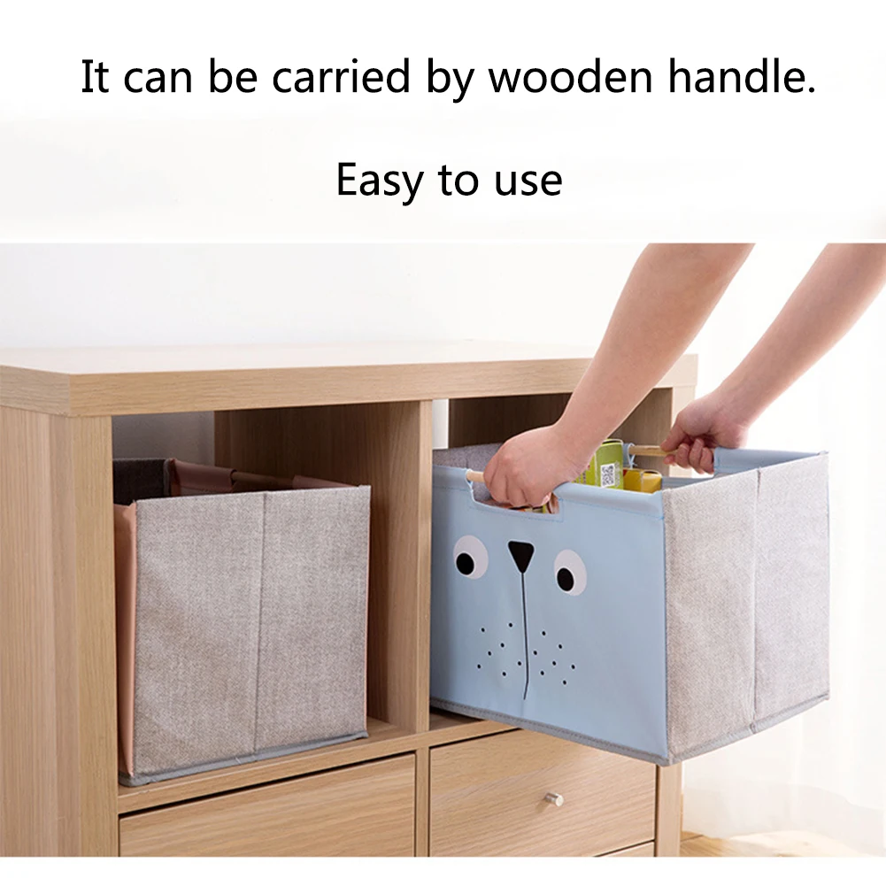 Practical Kitchen Pouch Cartoon Underwear Storage Basket Removable Foldable Cosmetic Home Organizer Wooden Handle Box Table