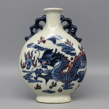 

Collection of blue and white vase with red dragon pattern and double ears Qianlong year mark of Qing Dynasty