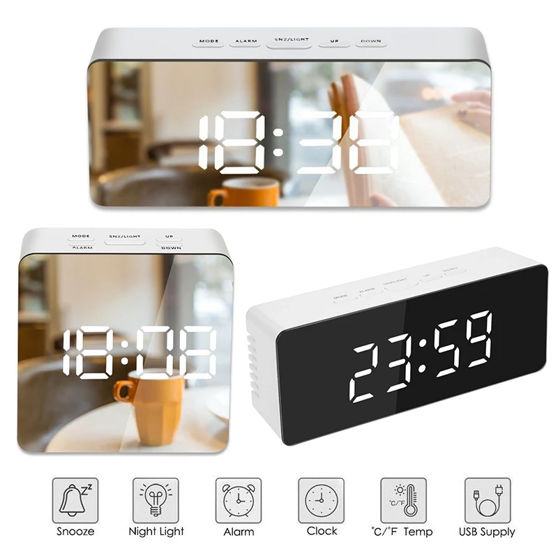 Светодиодный зеркальный будильник с диммером, функция повтора температуры для спальни, офиса, путешествий, цифровое украшение для дома часы