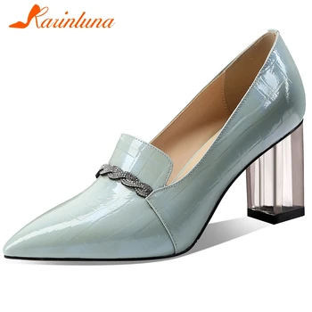 

Karinluna New Design Genuine Leather Square High Heels Elegant Pumps Woman Shoes Pointed Toe Slip-On Office Shoes Women