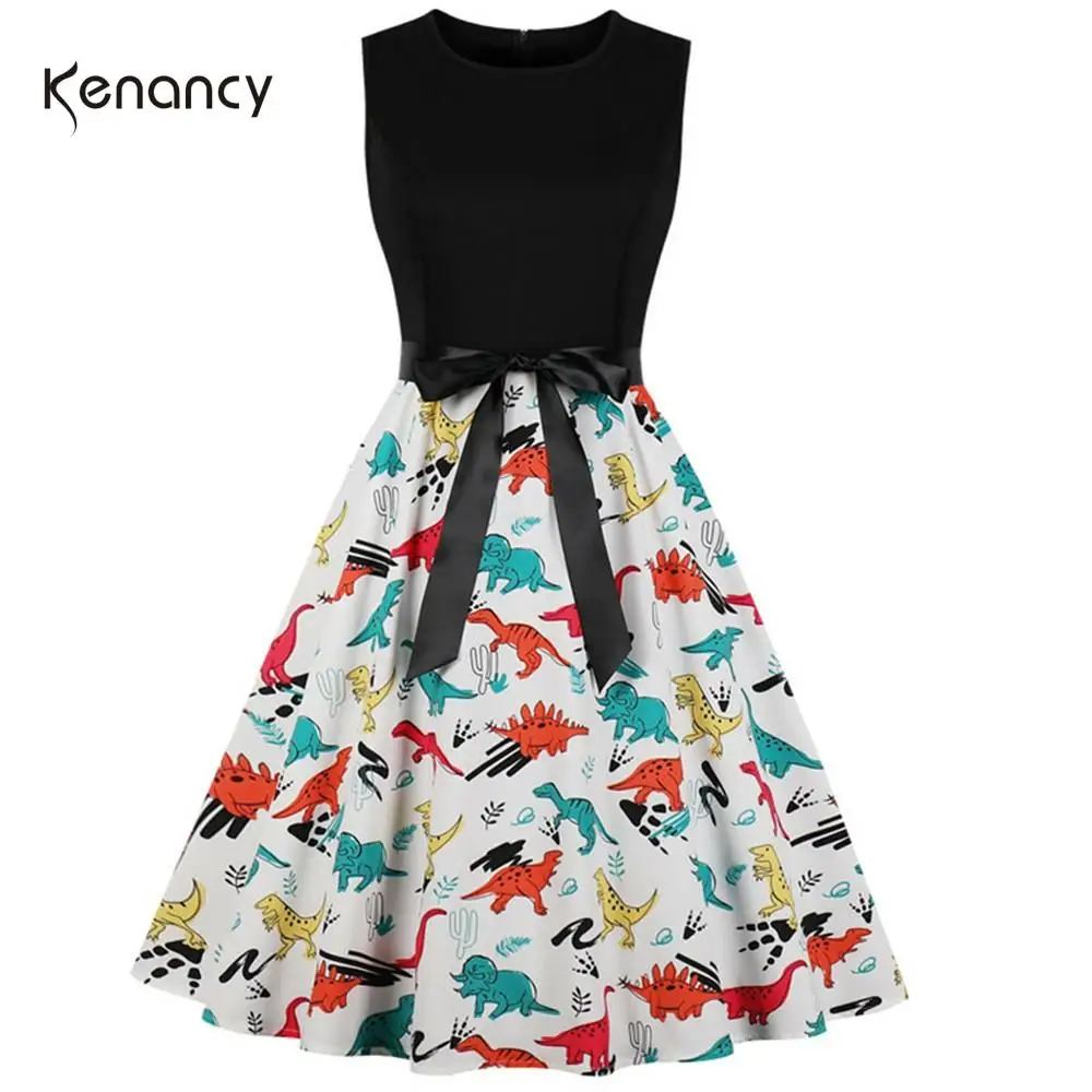 Летнее женское платье Kenancy в стиле ретро с милым мультяшным принтом динозавра