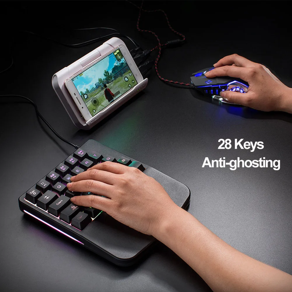  28 Keys Wired Mini Keyboard Rainbow Backlight One Hand USB Keypad for Dota OW PUBG Game AS99