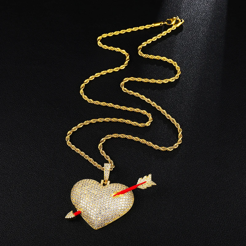 US7 Bling Iced Out Сердце Любви со стрелой ожерелье микро с инкрустацией AAA+ кубический циркон медные ожерелья с подвесками для мужчин хип хоп ювелирные изделия