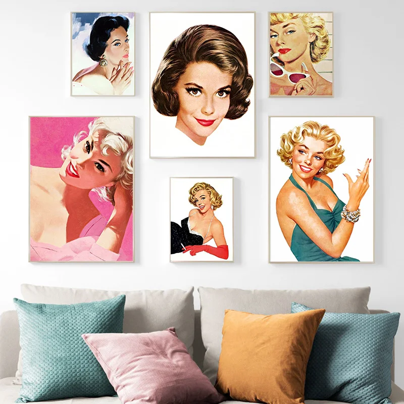 Retro Fashion Beautiful Woman Canvas Painting Plump Blond Curly Short Hair Picture Poster And Print Home Wall Art Decor For Livi | Дом и сад